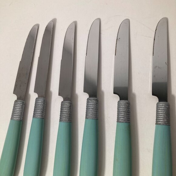 6 - Vintage Cambridge Dinner Knives Green Stainless Flatware Plastic Handle 9" - Picture 4 of 10